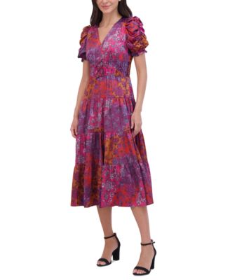 Vince Camuto - Women's Satin Printed Puff-Sleeve Midi Dress