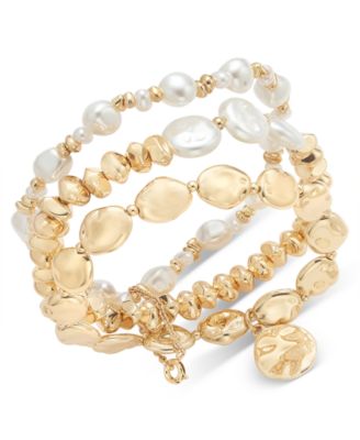 Style & Co - Gold-Tone 3-Pc. Set Hammered Oval & Imitation Pearl Stretch Bracelets