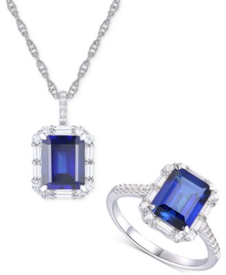 Macy's - 2-Pc. Set Lab Grown Blue Sapphire (5-3/4 ct. t.w.) & Lab Grown White Sapphire (1-1/5 ct. t.w.) Halo Pendant Necklace & Matching Ring in Sterling Silver
