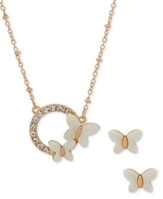 lonna & lilly - Gold-Tone Pav&eacute; & Mother-of-Pearl Butterfly Pendant Necklace & Stud Earrings Set