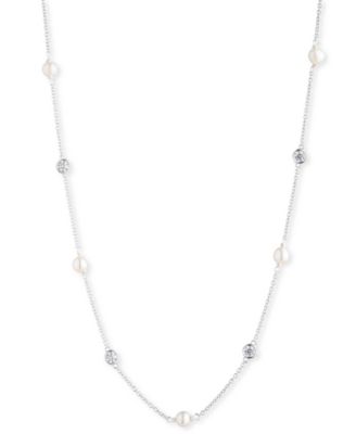 Ralph Lauren - Sterling Silver Cubic Zirconia & Freshwater Pearl Station Necklace, 18" + 3" extender
