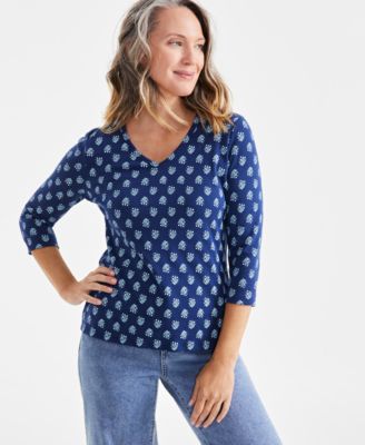 Style & Co - Petite Printed V-Neck 3/4-Sleeve Top