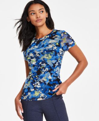 Bar III - Women's Floral-Print Mesh Short-Sleeve T-Shirt