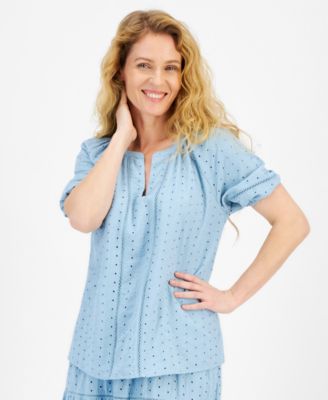 Style & Co - Women's Cotton Split-Neck Short-Sleeeve Eyelet Top