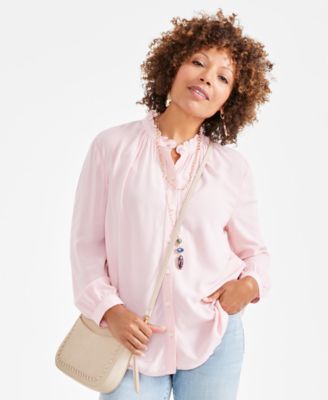 Style & Co - Petite Ruffle-Neck Button-Front Long-Sleeve Top