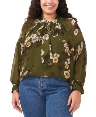 Vince Camuto - Plus Size Floral-Print Tie-Neck Top