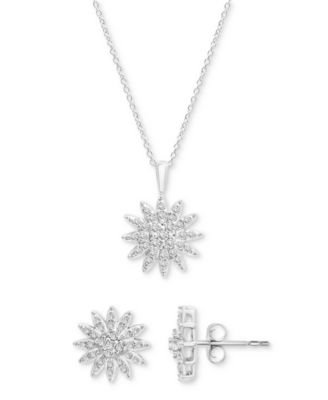 Macy's - 2-Pc. Set Diamond Starburst Pendant Necklace & Matching Stud Earrings (1/2 ct. t.w.) in Sterling Silver