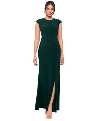Betsy & Adam - Women's Ruched Drape-Front Side-Slit Gown