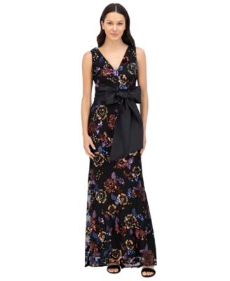 Eliza J - Women's Sequined Floral V-Neck Bow-Front Gown