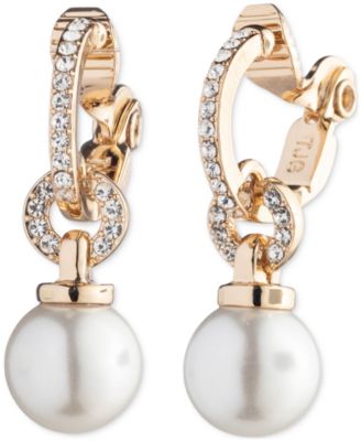 Lauren Ralph Lauren - Gold-Tone Imitation Pearl & Pav&eacute; Drop Clip On Earrings