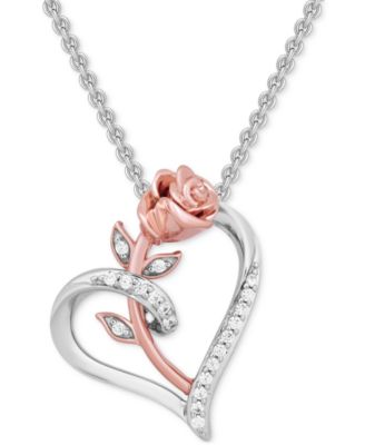 Disney Enchanted Vault - Diamond Belle Rose Heart 18" Pendant Necklace (1/10 ct. t.w.) in Sterling Silver & 10k Rose Gold
