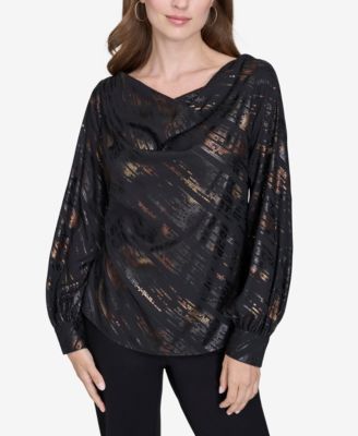 Halston - Women's Printed Cowlneck Draped Blouse