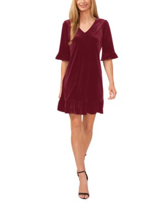 CeCe - Women's Velvet Elbow-Sleeve Ruffle-Trim Shift Dress