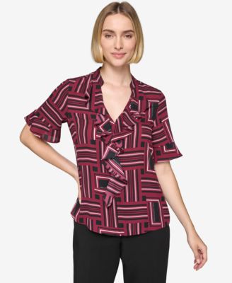 KARL LAGERFELD PARIS - Women's Printed Ruffled Flutter-Sleeve Blouse