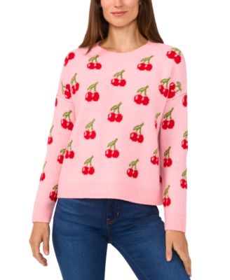 CeCe - Women's Cherry Jacquard Crewneck Sweater