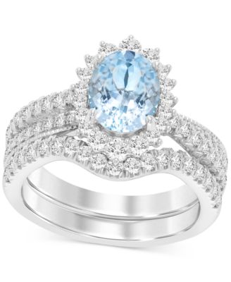 Macy's - Aquamarine (1-1/2 ct. t.w.) & Diamond (7/8 ct. t.w.) Oval Halo Bridal Set in 14k White Gold