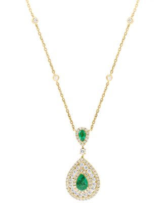 EFFY Collection - Emerald (3/4 ct. t.w.) & Diamond (1-1/8 ct. t.w.) Double Pear Halo 18" Pendant Necklace in 14k Gold