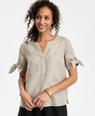 Charter Club - Linen Split-Neck Tie-Cuff Top