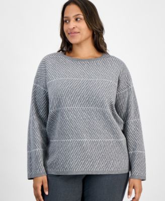 Jones New York - Plus Size Metallic Stripe Crewneck Sweater