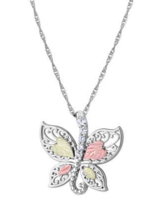 Black Hills Gold - Cubic Zirconia Butterfly Pendant 18" Necklace in Sterling Silver with 12K Rose and Green Gold