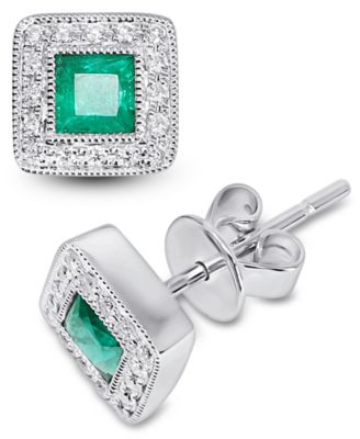 Macy's - Emerald (3/8 ct. t.w.) & Diamond (1/8 ct. t.w.) Square Halo Stud Earrings in 14k White Gold