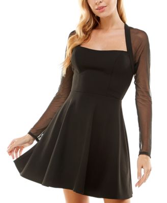 City Studios - Juniors' Sheer-Long-Sleeve Skater Dress