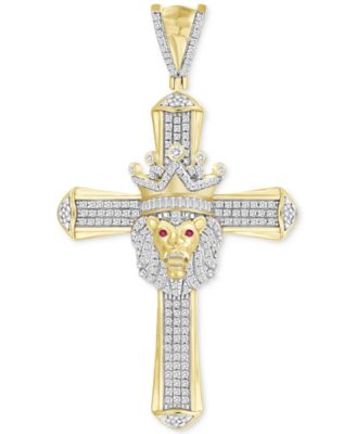 Macy's - Men's Diamond (3/8 ct. t.w.) & Ruby (1/10 ct. t.w.) Lion Cross Pendant in 10k Gold