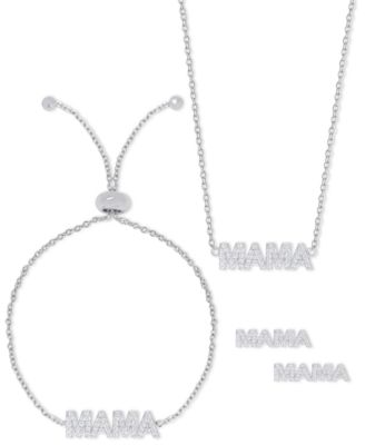 Macy's - 3-Pc. Set Lab-grown White Sapphire (1-3/4 ct. t.w.) MAMA Pendant Necklace, Stud Earrings, & Bolo Bracelet in Sterling Silver