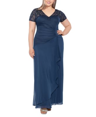 XSCAPE - Plus Size Beaded Illusion-Trim Side-Ruched Gown