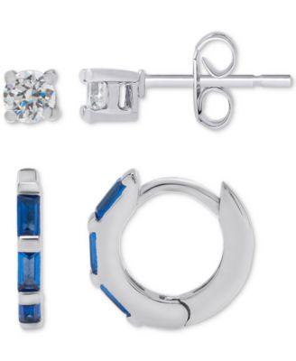 Macy's - 2-Pc. Set Lab-Grown Blue Spinel Hoops (1/3 ct. t.w.) & Lab-Grown White Sapphire Stud (1/3 ct. t.w.) Earrings in Sterling Silver