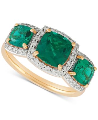 Grown With Love - Lab Grown Emerald (2-1/4 ct. t.w.) & Lab Grown Diamond (1/3 ct. t.w.) Three Stone Halo Statement Ring in 14k Gold