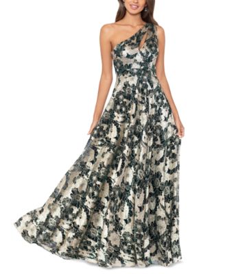 Betsy & Adam - Metallic-Floral One-Shoulder Gown