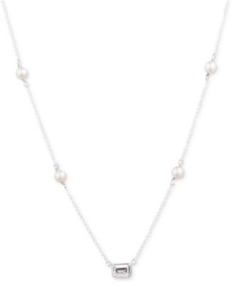 Lauren Ralph Lauren - Freshwater Pearl (4 - 4-1/2mm) & Cubic Zirconia Collar Necklace in Sterling Silver, 15" + 3" extender