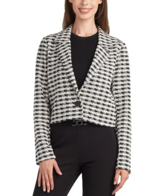 BCX - Juniors' Textured Check One-Button Cropped Jacket