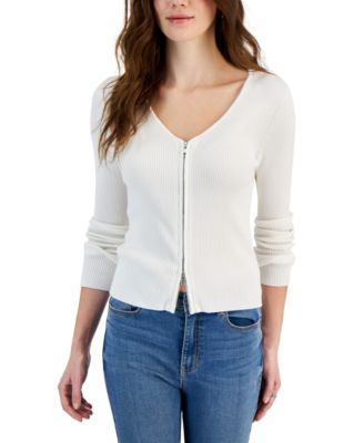 Hooked Up by IOT - Juniors' Long-Sleeve Scoop-Neck Zip-Front Sweater