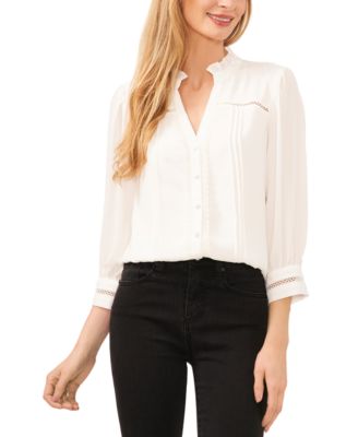 CeCe - Women's Lace-Trimmed Pintuck Button-Front Blouse