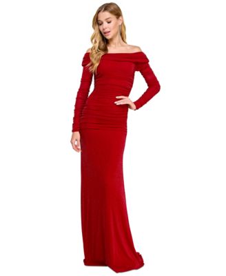 B Darlin - Juniors' Metallic Shirred Off-The-Shoulder Gown