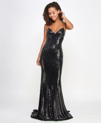 B Darlin - Juniors' Sequined Strappy-Back Evening Gown