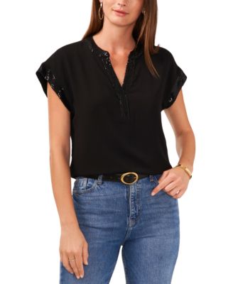 Vince Camuto - Women's Sequin-Trimmed Short-Sleeve Top