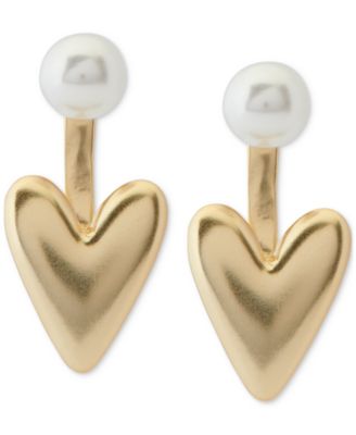 Lucky Brand - Gold-Tone Imitation Pearl & Puffy Heart Jacket Earrings