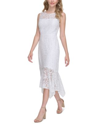 kensie - Women's Floral Lace Handkerchief-Hem Midi Dress