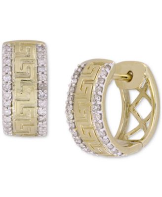 Macy's - Men's Diamond Greek Key Small Huggie Hoop Earrings (1/5 ct. t.w.) in 10k Gold,, 0.5"