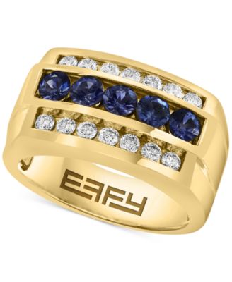 EFFY Collection - Men's Sapphire (5/8 ct. t.w.) & White Sapphire (1-3/8 ct. t.w.) Three Row Ring in 10k Yellow Gold