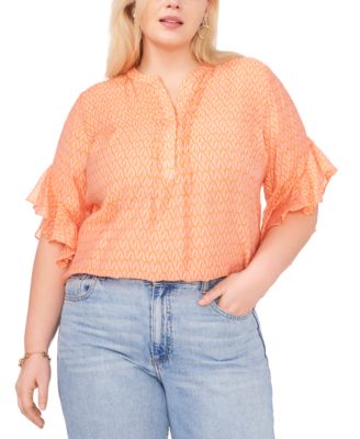 Vince Camuto - Plus Size Printed Henley Flutter-Sleeve Top