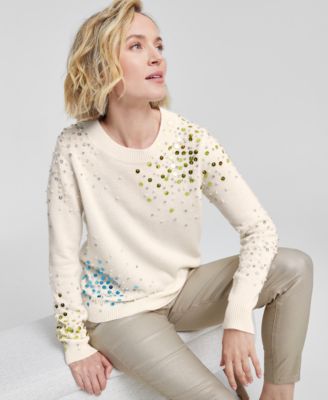 Charter Club - Women's Cashmere Sequin Embellished Crewneck Sweater