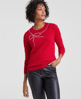 Charter Club - Women's Cashmere Bow-Embellished Crewneck Sweater