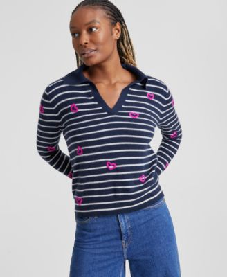 Charter Club - Women's Cashmere Striped Heart-Embroidered Polo Sweater