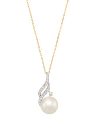 Honora - Cultured Freshwater Pearl (8mm) & Diamond (1/10 ct. t.w.) Swirl 18" Pendant Necklace in 14k Gold