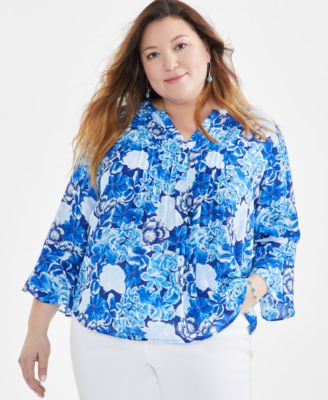 Style & Co - Plus Size Tina Textured Pintuck 3/4-Sleeve Top