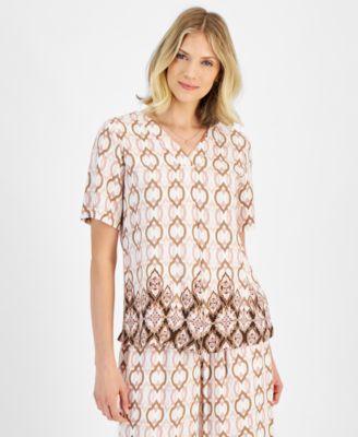 JM Collection - Petite Paradise Border V-Neck Short-Sleeve Top